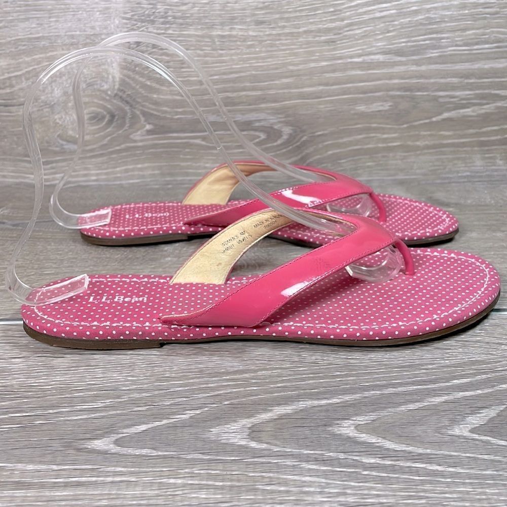 LL Bean Pink Patent Leather Polka Dot Women’s Size 8M Thong Flip Flop Sandals